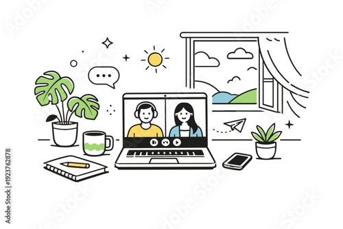 Remote collaboration in summer atmosphere. Video call setup with plants, open window, and soft sunlight filling the room. Lightness, balance,