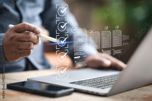 Efficient digital documentation system manages business workflow review. Standard compliance policy checklist confirms security technology analysis document file approval