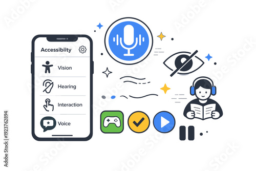 Inclusive technology objects. Smartphone with accessibility settings, voice assistant icon, screen reader symbols, and control buttons