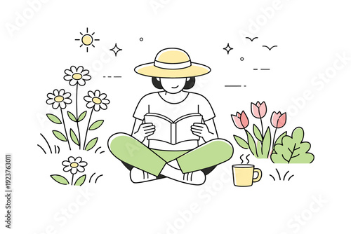Springtime leisure reading outdoors ? Quiet afternoon reading in a garden. Person seated among plants and flowers, book open, soft shadows and