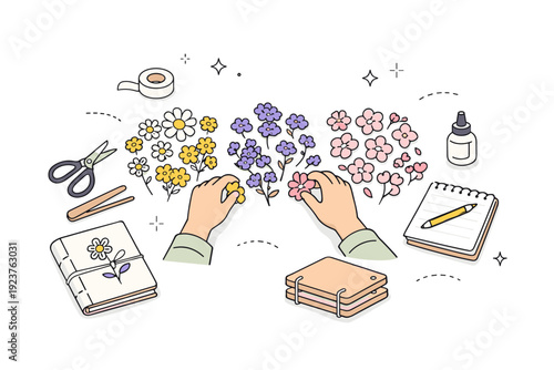 Spring flower pressing for holidays. Preparing flowers on a clean table, person sorting blossoms by color and size, calm anticipation and