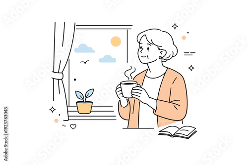 Elderly people everyday calm. An older woman standing by a window with a cup, looking outside in a moment of reflection. Quiet pause and