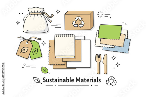 Sustainable Materials. Flat lay style scene with sustainable packaging, recycled paper, and fabric samples neatly arranged. Clean composition