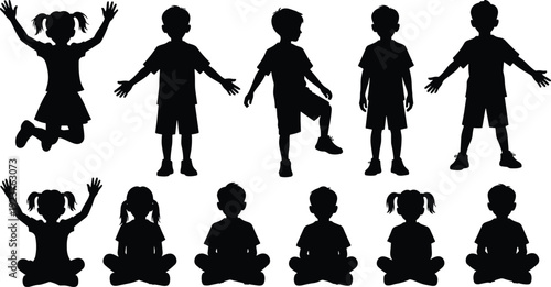 Set of children silhouettes, boys and girls jumping, standing, and sitting in cross-legged poses, isolated on white background, for kids design