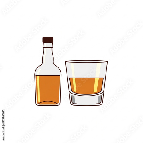 Minimalistic Irish Whiskey Vector Illustration, Whiskey Glass and Bottle, Flat Design, Elegant Modern Style, Warm Amber Tones