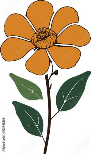 Minimalist natural floral vector sticker of marigold flower head with leaves, bold black thick clean outline, pure white background 1