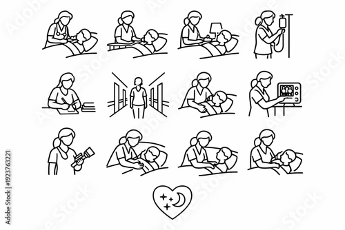 Caring Through the Night. Line icon set of Caring Through the Night: nurse checking vitals, night visit to patient, soft light care, adjusting IV, writing late