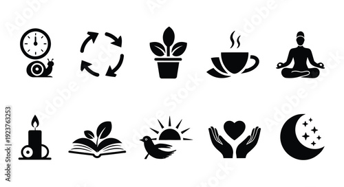 Solid icon set for relaxation, wellness, meditation, and mindfulness symbolizing calm, balance, and nature-inspired health design