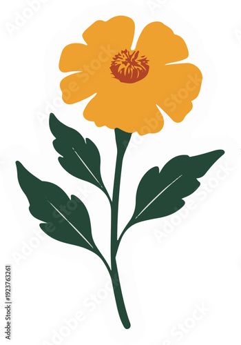 Minimalist natural floral vector sticker of marigold flower head with leaves, bold black thick clean outline, pure white background 2