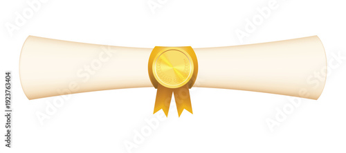 A paper scroll with a graduate diploma about graduation of university, college, school, education certificate, graduation degree. Diploma decorated with a wax seal and a red ribbon