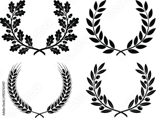 Set of Black Vector Wreaths and Laurels Including Oak, Wheat, Olive Branch, and Classic Bay Leaves for Awards and Heraldry