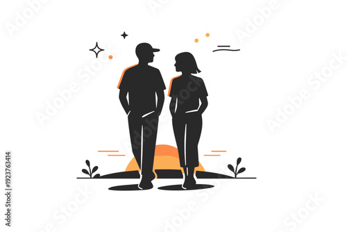 Evening light lingering. Two people walking slowly, silhouettes touched by warm light. Shared calm as daylight gently fades. Minimalist flat vector