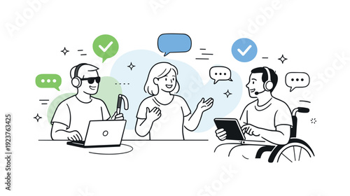 Diverse team collaborating with assistive technology and communication tools