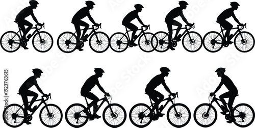 Large collection of professional cyclist silhouettes, mountain bike riders and road racers in various cycling positions, isolated on white background, for sports design