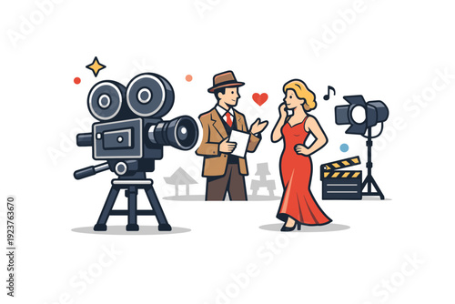 A vintage film camera on a set with actors in the background nostalgic studio environment with retro equipment and expressive figures, capturing the charm and