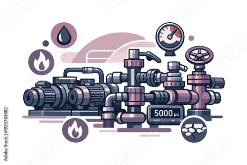Fracking equipment. Close-up of pumps, pipes, and valves arranged neatly, pressure gauges
