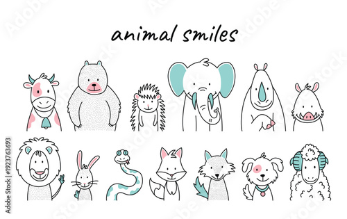 Cute doodle animal smiles face set. Cartoon character animal head and body kid icon set. Vector illustration