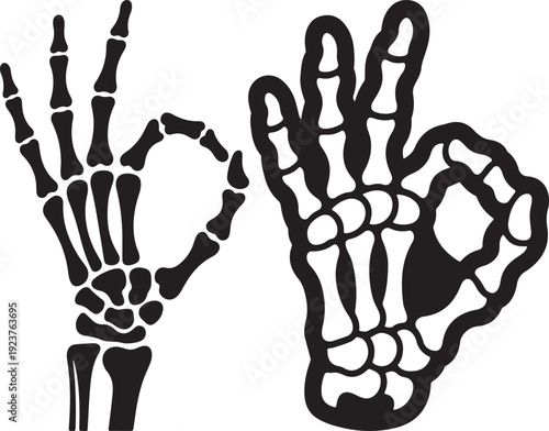 Skeleton hand making OK gesture vector illustration. Two black and white bony hands showing approval sign, one solid, one outlined.