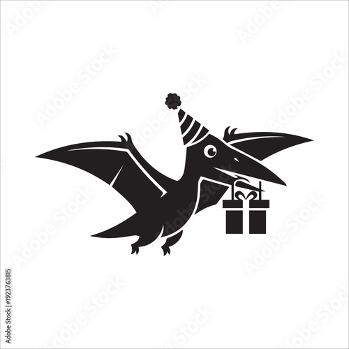 Cheerful Flying Pterodactyl Dinosaur Wearing Party Hat and Carrying a Birthday Gift
