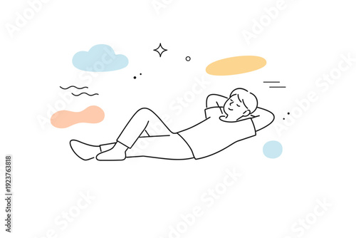 Mental emptiness concepts. Person lying down or leaning back with soft gaze and unfocused presence, surrounded by neutral visual flow.