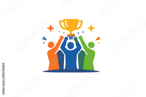 Team sports capturing the excitement of winning together with a compact scene of players raising a trophy as a single unified silhouette,