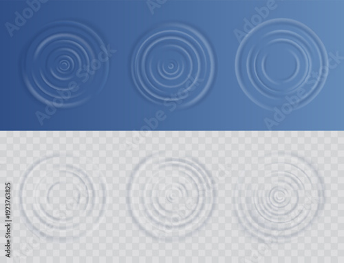 Water ripple effect top view set. Realistic caustic drop or sound wave splash effects, concentric circles in puddle. Vector set round wave surfaces on transparent background