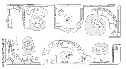 Detailed architectural floor plan showcasing various interior design elements and layouts for a building.