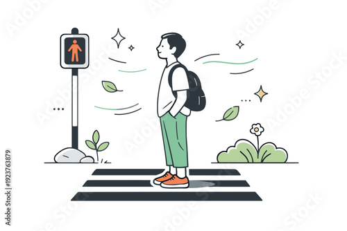 Mindful Crosswalk Moment. City crosswalk pause. A person waits at a crosswalk in a slow, mindful posture with a soft breeze and natural elements nearby,