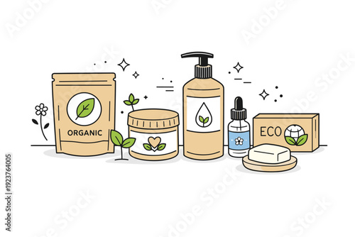 Organic product packaging mockup. Minimal containers made from recycled materials arranged on a clean surface with soft shadows. Calm