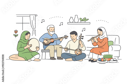 Nowruz music rehearsal indoors. A calm editorial scene of musicians practicing traditional melodies in a cozy living room, with simple