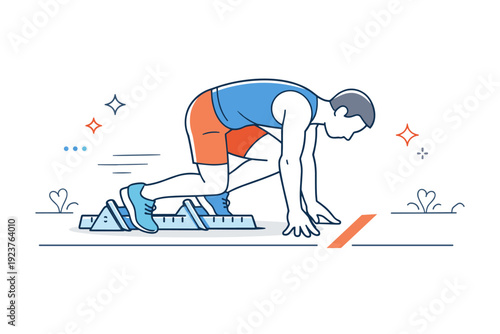 Sprint start close-up. A focused view of an athlete in starting blocks with proper form and posture, surrounded by minimal track lines and