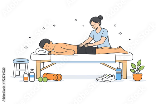 Athlete Recovery Massage. Athletic recovery massage scene. A calm studio setting with massage table, towel, and minimal equipment, athlete resting comfortably.