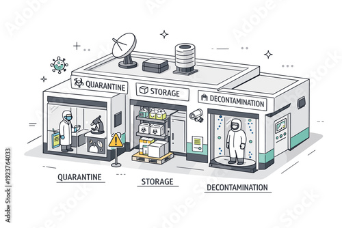 Biosecurity infrastructure objects. Isometric scene of a bio-lab building with visible zones: quarantine, storage, decontamination. Calm and