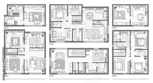 Architectural floor plans showcasing various residential layouts and interior designs.