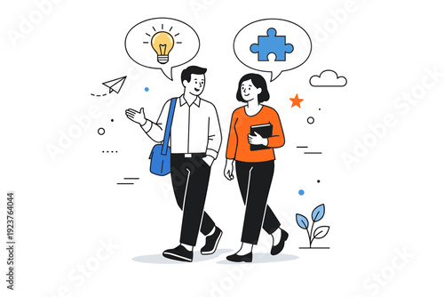 Creative problem-solving walks. Two professionals walking side by side outdoors, casually discussing ideas with speech bubbles. Collaborative
