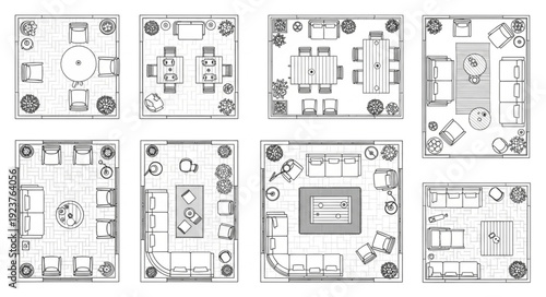 Architectural floor plans showcasing diverse interior layouts and design concepts for various spaces.