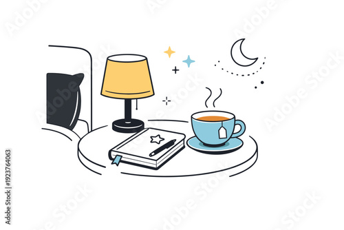 Bedside Bliss. Personal corners of rooms. A bedside corner with a lamp, journal, and cup of tea on a small table. Editorial illustration of calm nighttime