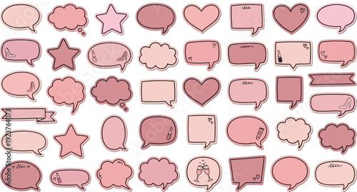 Pink Speech Bubble Stickers Set, Cute Chat and Message Icons Collection Illustration