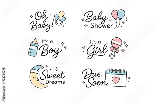 Baby shower typography icons. Simple word-based elements paired with icons like pacifiers, rattles, bottles, and balloons. The illustration