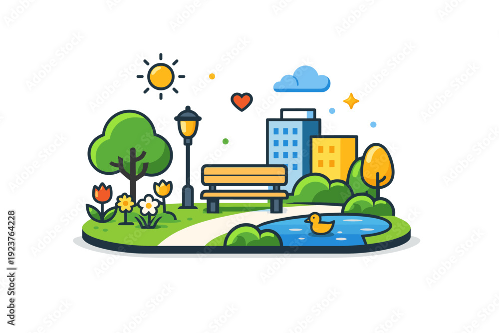 Naklejka premium Spring city park a compact green space with flowers, trees, and light decorative accents representing freshness and everyday urban happiness. Minimalist flat