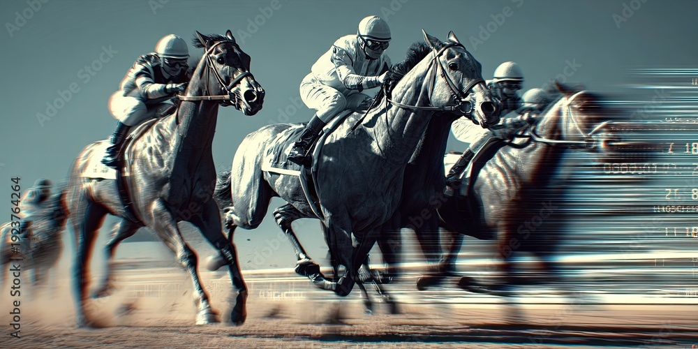Fototapeta premium Racehorses in a line gallop to the Victory Line together, the effect of speed. Blurred code from speed.