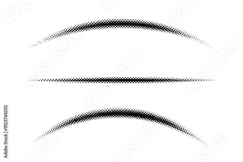 Curved halftone dotted divider shown as a single arc-shaped divider object presented in three views: front view, side view, and three-quarter