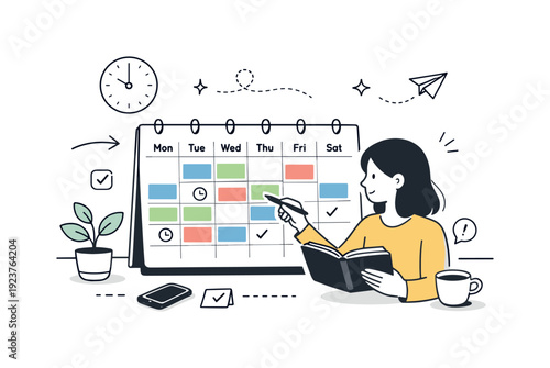 Woman planning her week with a calendar and notebook, symbolizing productivity and organization