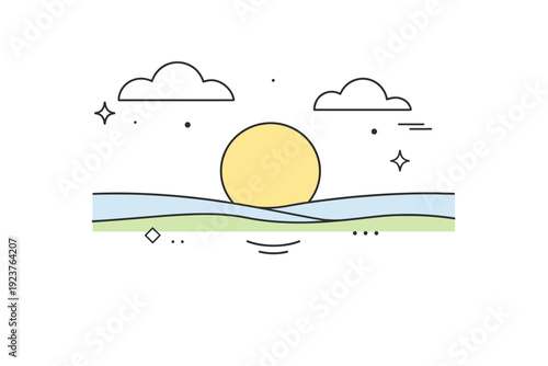 Contemporary nature abstraction. Sun, clouds, and horizon rendered as minimal geometric forms, creating a serene atmospheric scene. Modern editorial