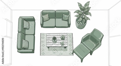 Top-down view of a living room with furniture arrangement and a plant.