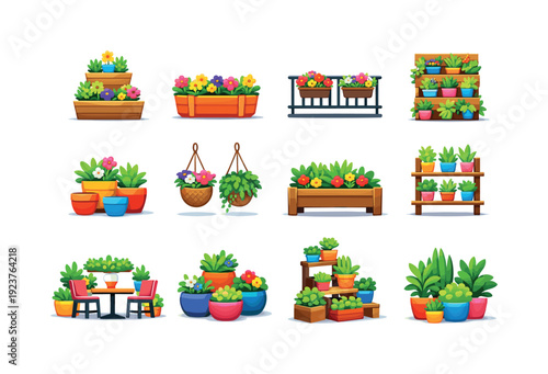 Planter arrangements. Colorful flat vector icons set of Planter arrangements: tiered planter