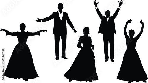 Black silhouettes of theatrical performers, opera singers in Victorian dresses and suits, formal actors stage poses isolated on white background,