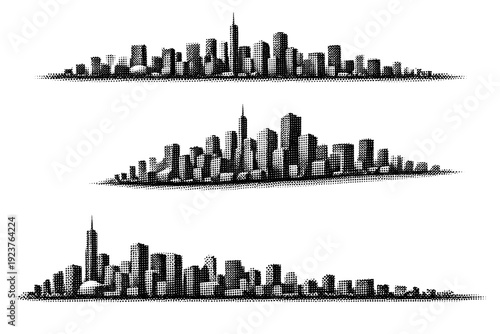 City horizon skyline silhouette. A single city horizon skyline silhouette shown in three views: front horizon view, three-quarter depth view,