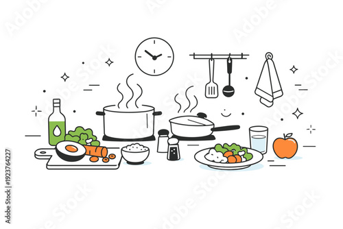 Healthy meal preparation. A minimalist kitchen scene with steaming pots, fresh produce, and simple utensils. Calm productive atmosphere, nourishment and care