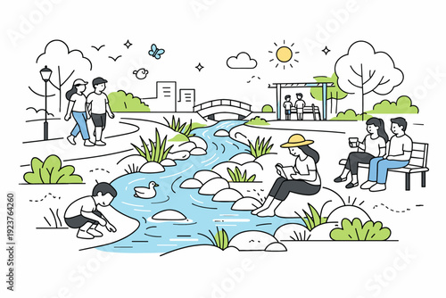 Community enjoying daylighted river. A soft urban park setting with people walking and sitting near a naturalized stream, surrounded by